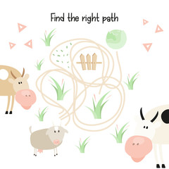 Farm Labyrinth. Help Goat Find the Right Path to Cabbage. Games for Preschool, Kindergarten, School. Vector Illustration. Maze Game.
