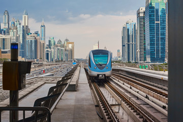 Beautiful view of the metro train to Dubai. Dubai metro is the world's longest fully automated...