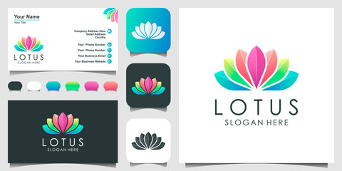 Fototapeta na wymiar Lotus flower colorful logo vector design. Yoga center, spa, beauty salon luxury logo. logo design, icon and business card