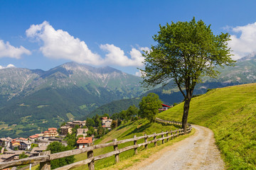 View of a sunny day on Italian Alps in summer time. Blue sky over the panorama