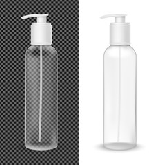 Vector realistic hand sanitizer. Plastic transparent bottle with pump