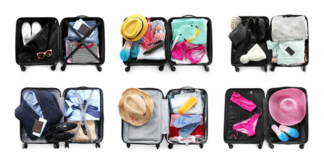 Set of different suitcases packed for travelling on white background, top view. Banner design