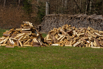Pile of firewood on a heap in the grass and old stacked firewood and forest in the background