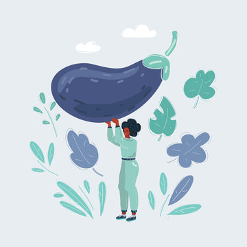 Woman thinking about nutrition, standing with eggplant on white.