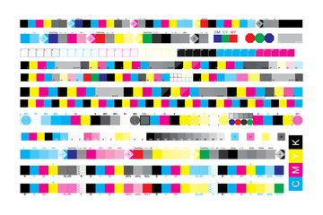 CMYK print test control scales. Vector set color bar CMYK and test chart offset. Print control strips color cmyk for prepress and print. © Simeonn