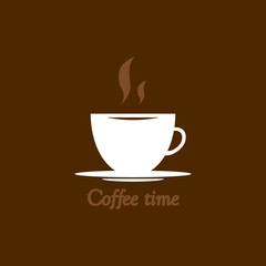 emblem, cup with coffee on a white plate, with the inscription coffee time, on a brown background vector illustration
