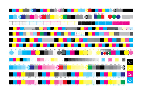 CMYK print test control scales. Vector set color bar CMYK and test chart offset. Print control strips color cmyk for prepress and print.