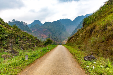 Narrow and twisty mountain road in Vietnam