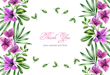 Watercolor floral background. Horizontal A5 card template and place for custom text. Tropical leaves and purple bougainvillea flowers. Botanical illustration isolated on white