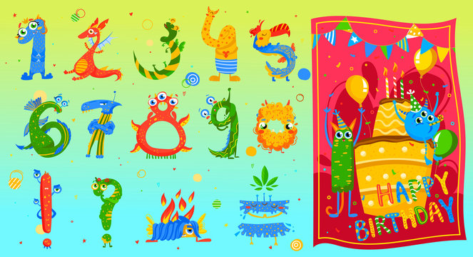 Monsters beasts characters numbers set icons, cute monstrosity creatures for kids happy birthday card cartoon vector illustration. Colorful monsterious creatures in form of numbers and birthday cake.