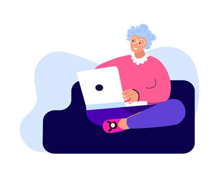 Old Elderly Pensioner Woman Working Online,Stay Home. Watching Movie Film On Laptop.Home Office Worker.Internet,Laptop Computer.Telework Freelancer,Virtual Chat Correspondence.Flat Vector Illustration