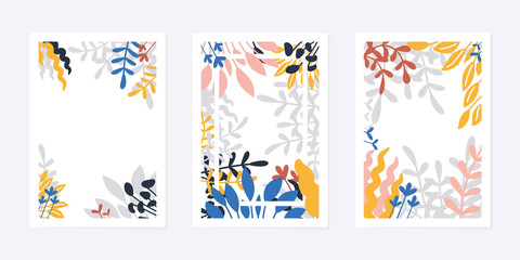Fototapeta na wymiar Set of creative universal art cards or posters. Hand drawn leaves and flowers, contemporary modern style. Tropic foliage. Trendy graphic design for invitation, brochure, flyer. Vector illustration.