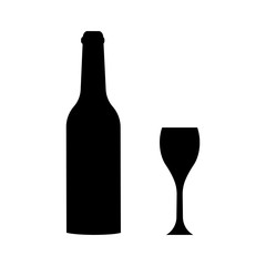   Wine bottle  and glass on white  background . Black bottle icons.