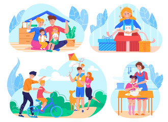 Family life daily lifestyle and activities flat isolated vector illustration set, parents with children in park, opening gift boxes, cooking together. Happy family parenthood couples with kids scenes.
