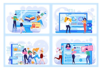 Digital technology people in business and virtual relationships, online dating, learning and social networking, vector illustration set. People build pie chart and interact with graphs digitalisation.