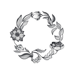 Vector wreath of doodle flowers and leaves. Romantic elegant floral frame