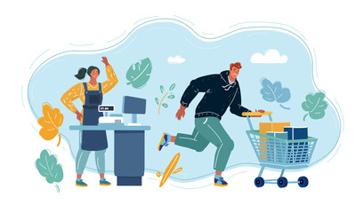 Vector illustration of Supermarket. Happy couple with a shopping cart