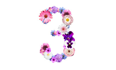 花で作った数字の３（花数字、花フォント）