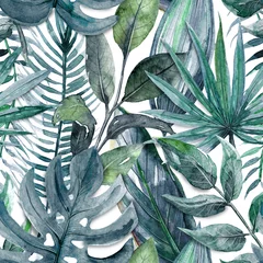 Keuken foto achterwand Tropische bladeren Naadloos patroon met aquarel tropische bladeren en planten