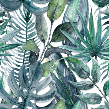 Seamless pattern with watercolor tropical leaves and plants