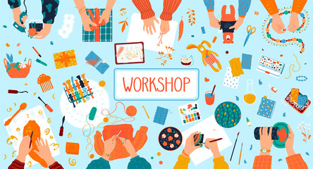 Handmade arts and crafts workshop sewing creative hands make sweets, toys and painting, supplies, tools, design elements flat vector illustration poster, invitation. Handmade cosmetics, food workshop.