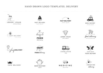 Set of hand drawn vector logo templates. Fast delivery, express mail elements.