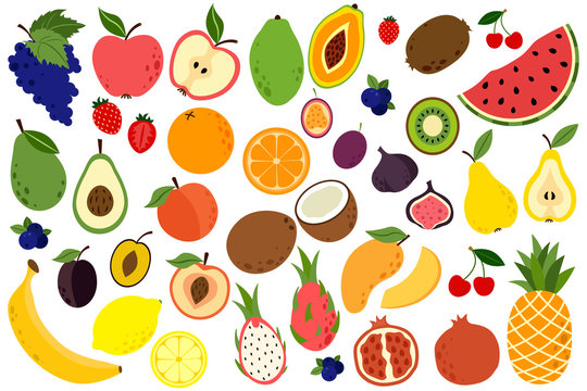 Set with hand drawn colorful doodle fruits. Sketch style vector collection. Cute doodle illustration with  fruits isolated on white background. Vector food set for your design.