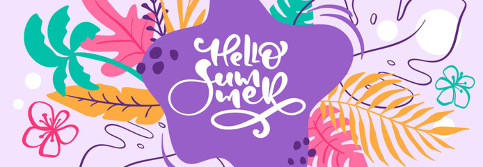 Hello summer web banner. Beautiful background on tropical palm trees and leaves. Vector illustration Holiday backdrop