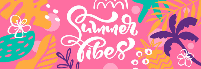 Summer vibes web banner. Beautiful background on tropical palm trees and leaves. Vector illustration Holiday backdrop