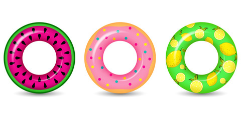 Rubber or inflatable ring. Set of isolated rubber swimming rings with cake, flower and lemon painting on it. 