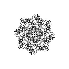 Pattern hand drawn doodles mandala. Dynamic contour repeating elements. Abstract coloring pages for adult, children. Modern spirals, swirls, line, spot. Vector cartoon black outline white background