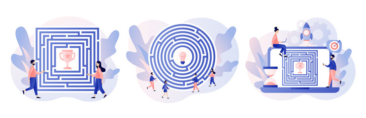 Business maze concept. Business metaphor. Tiny people looking for a way to reach the goal through the labyrinth. Modern flat cartoon style. Vector illustration on white background