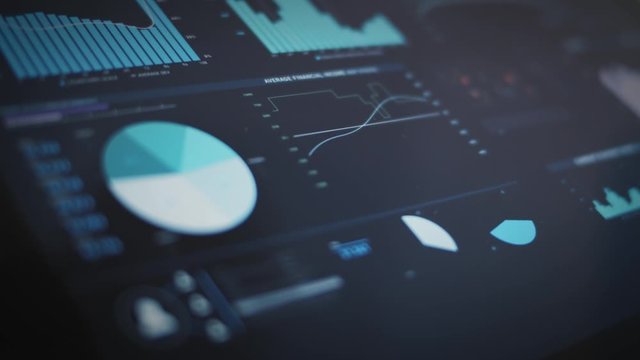 Digital tablet screen with graphs, charts, financial data, developments and data records. Digital generated animation.