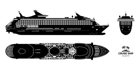 Black silhouette of cruise ship. Side, top and front views. Isolated liner blueprint. Detailed drawing of modern marine vessel. Sea travel transpotation