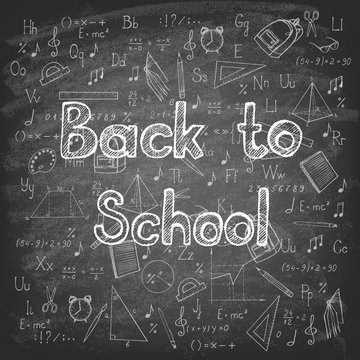 Freehand drawing school items on blackboard. Back to School. Vector illustration. 