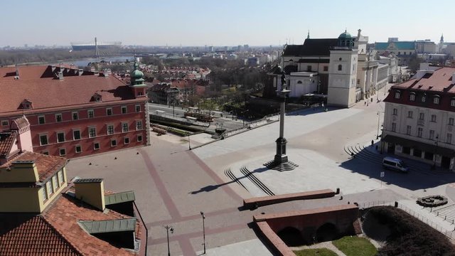 Warsaw, Poland. Historic center of Warsaw from drone. Aerial view od castle, church abd old town // Zamek Krolewski, Stare Miasto, Plac Zamkowy