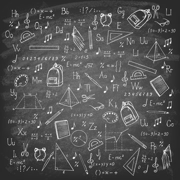 Freehand drawing school items on blackboard. Vector illustration. 