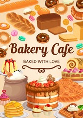 Bakery, bread or pastry desserts cafe. Vector sweet baked cheesecake, pie and cake with strawberry, waffles or croissants, macaroon, donuts and cupcake. Pudding and patisserie assortment, bake shop