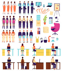 Fototapeta na wymiar Office and business casual characters constructor, businesswoman and businessman vector illustrations isolated set. Arms, legs suit and shoes, casual trousers, accessories, office chair, chart board.