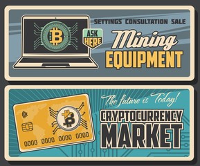 Bitcoin cryptocurrency, mining technology vector banners. Online market and digital blockchain technology, bitcoin mining farm equipment and currency trade consultation, sale service