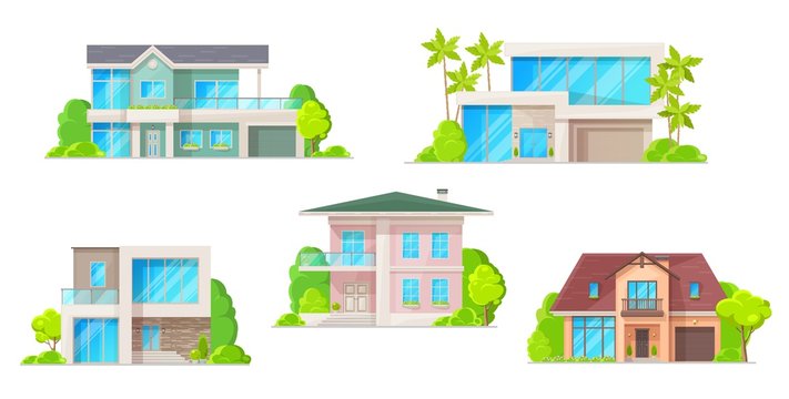 Houses, cottage and residential buildings, real estate vector icons. Cartoon exterior facades of family homes, houses or mansion apartments and villas, urban property. Isolated buildings