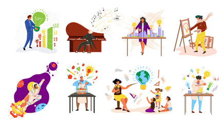 Peoples professions ideas, work occupations job set with teacher, musician, cook, austronaut and scientist, professional businessman isolated vector illustration. Human professions to choose idea.