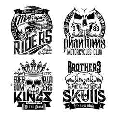 Skull t-shirt prints. Grunge vector monochrome mascots. Biker club symbol, motorcycle riders t-shirt prints. Phantom brothers biker badges, drive fast or die emblems with skull in crown © Vector Tradition