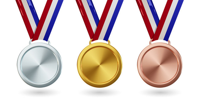 Vector gold medal with ribbon, set of isolated awards in realistic design. Symbol of victory and sporting achievements. Celebration and ceremony concept.