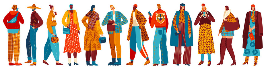 People street style characters collection wearing trendy clothes, set of young fashionable men and women dressed in leopard stylistic outfits vector illustration. Flat street stylish people isolated.