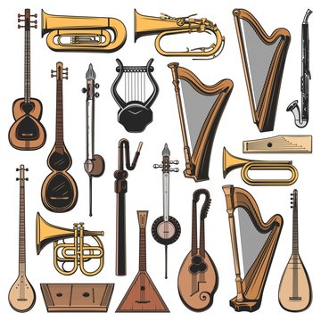 Musical instruments isolated vector tuba, harp and balalaika, klappenhorn, clarinet alto or tar. Kemanche, chattar and tanbur sharke, cornet and gusli, saz and trumpet musical instruments set