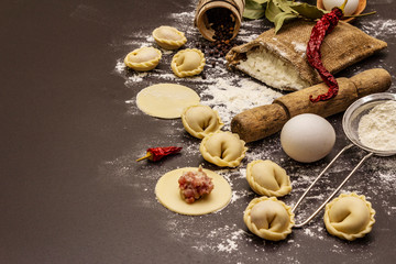 Composition with raw dumplings and ingredients on trendy black stone concrete background. Process of cooking