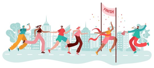 Marathon runners, sport winner at finish, athlete race, competition in city jogging and run cartoon vector illustration isolated on white. People running marathon and exercise, champion.