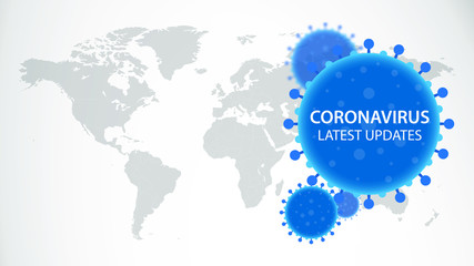 Coronavirus COVID-19 Latest Updates Banner With Multiple Blue Virus Graphics And Gray Global World Map Background