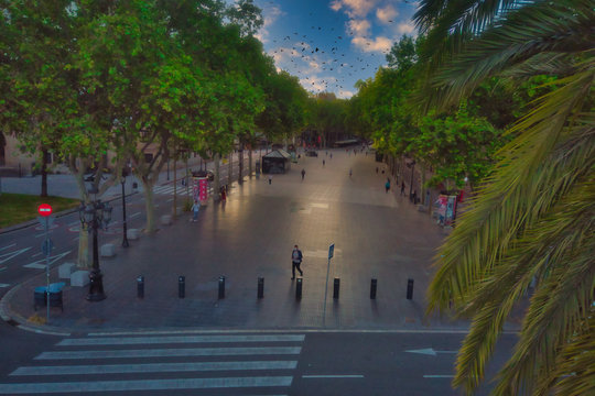 Aerial View In Las Ramblas Of Barcelona During Coronavirus Pandemic. Social Distancing